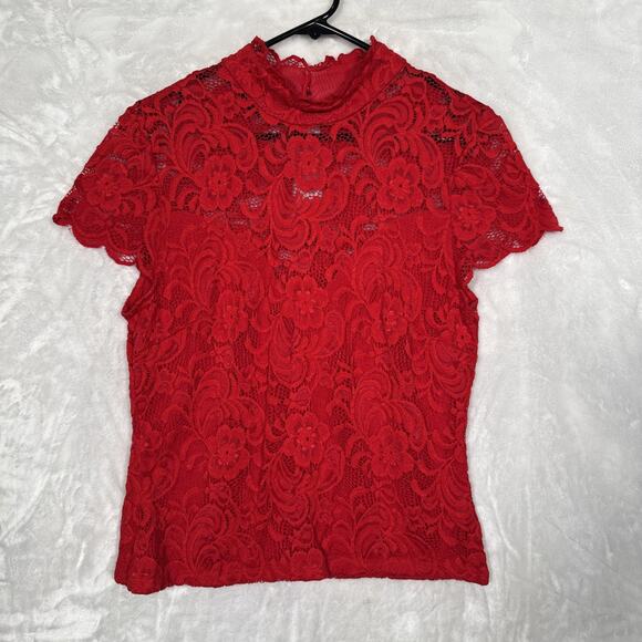 bebe Red Goth Lace Keyhole Back Top LG | Vintage Y2K Sheer Floral High Neck - Picture 1 of 11